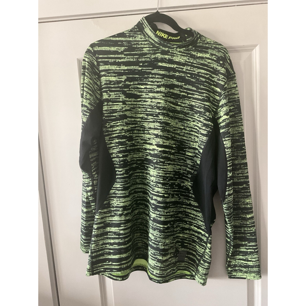Nike Men's Neon Green/Black Pro Combat Dri-Fit Fitted Long Sleeve Top Size Large